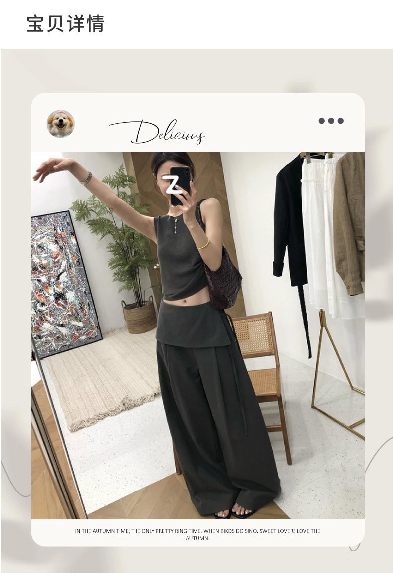 Trendy new spring/autumn casual two-piece skirt and pants set for women, featuring Korean-inspired design, high waist, slimming effect, and straight-leg fit. 1